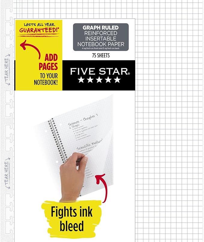Five Star Loose Leaf Paper, Graph Ruled Insertable Notebook & Binder Filler Paper, 8-1/2" x 11", Reinforced T-Tabs, 75 Sheets (170180)