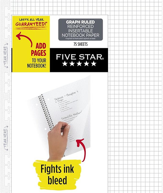 Five Star Loose Leaf Paper, Graph Ruled Insertable Notebook & Binder Filler Paper, 8-1/2" x 11", Reinforced T-Tabs, 75 Sheets (170180)