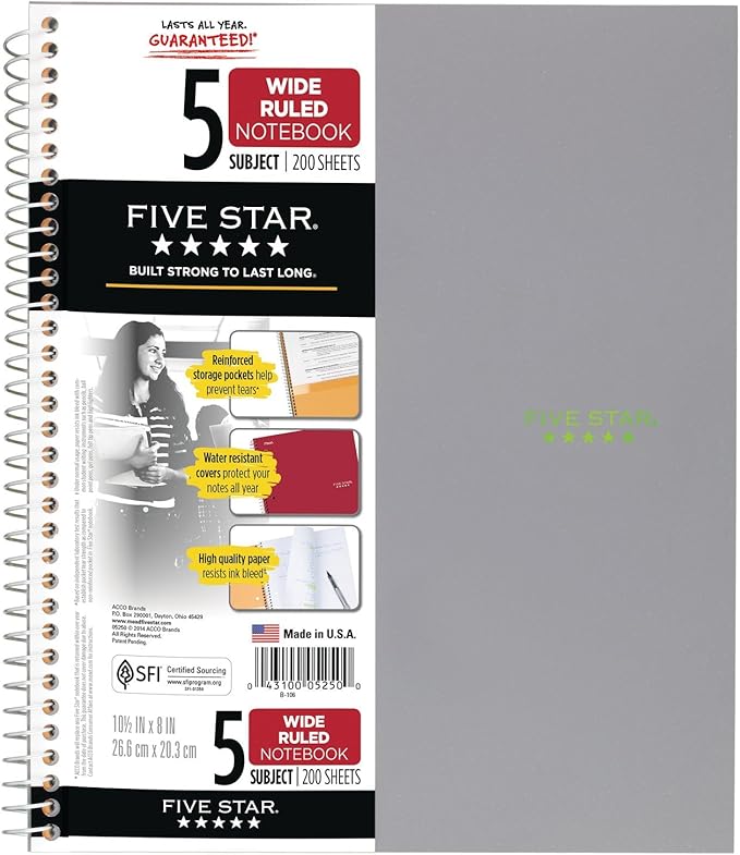 Five Star Spiral Notebooks, 2 Pack, 5-Subject, Wide Ruled Paper, 10-1/2" x 8", 200 Sheets, Gray, Lime (38434)