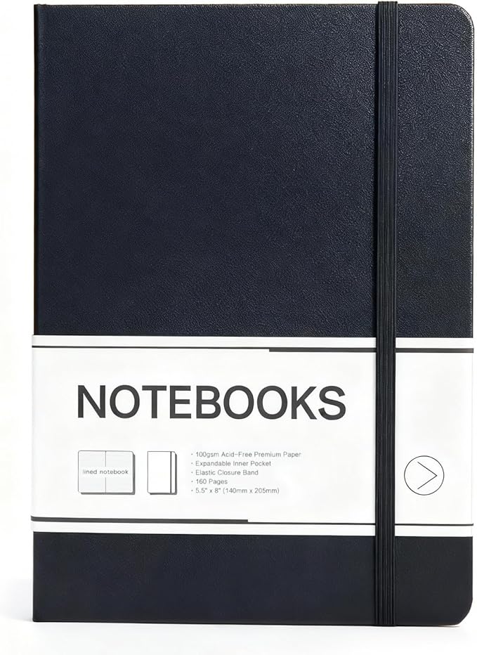 M&G Lined Journal Notebook, 160 Pages, A5 Medium Size 5.6" x 8" for Men Women, 100GSM Thick College Ruled Paper for Journaling, Writing, Work & Office, Leather Hardcover, Black