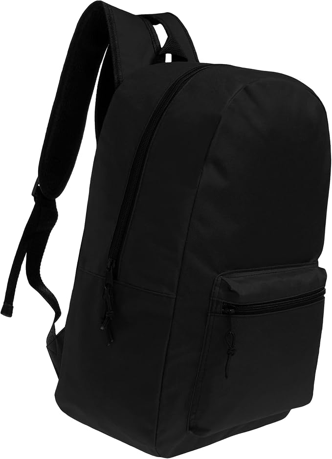 17 Inch Bulk Backpacks in Black Color with 50 Piece Student Supplies Kits - Pens, Pencils, Crayons, and More, Wholesale Case of 12 Value Bundle Packs