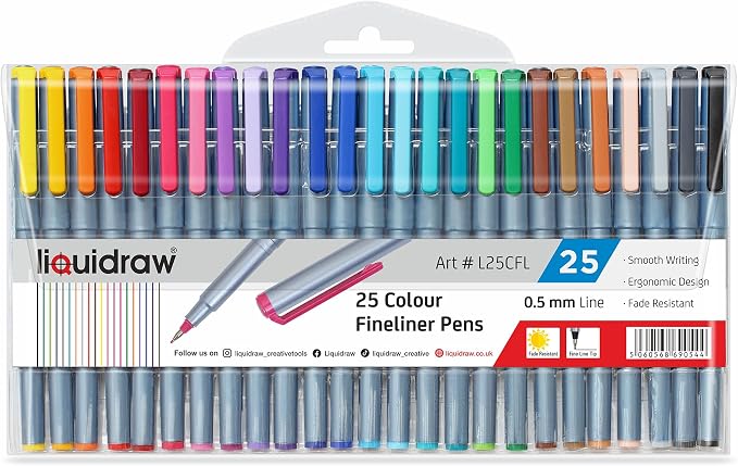 Liquidraw Multicolor Fineliner Pens, Fine 0.5mm Tip, Set of 25