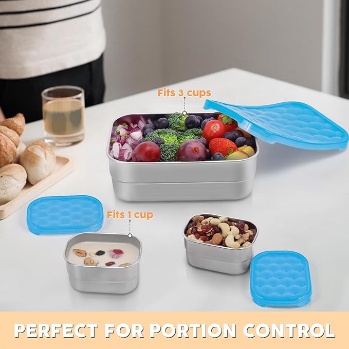 Tanjiae Small Stainless Steel Lunch Containers for Kids | Leak Proof Snack Containers with 100% Pure Silicone Lids - Perfect Metal Lunch Box with Lids for School and Daycare (25oz+8oz*2)