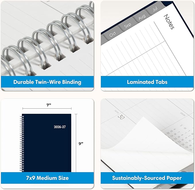 Blue Sky 2026-2027 Weekly and Monthly Academic Year Planner Calendar, July 2026 - June 2027, 7" x 9", Flexible Cover, Wirebound, Laminated Tabs, Enterprise Navy