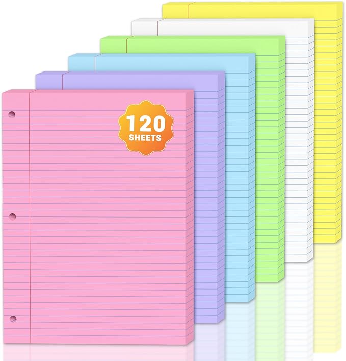 120 Sheets Colored 8x10.5 Inch Loose Leaf Paper, 6 Colored College Ruled 3 Hole Punched Notebook Paper, Color-Coded Note Taking for Students & Teachers, Office & School Supplies，20 Sheets Per Color