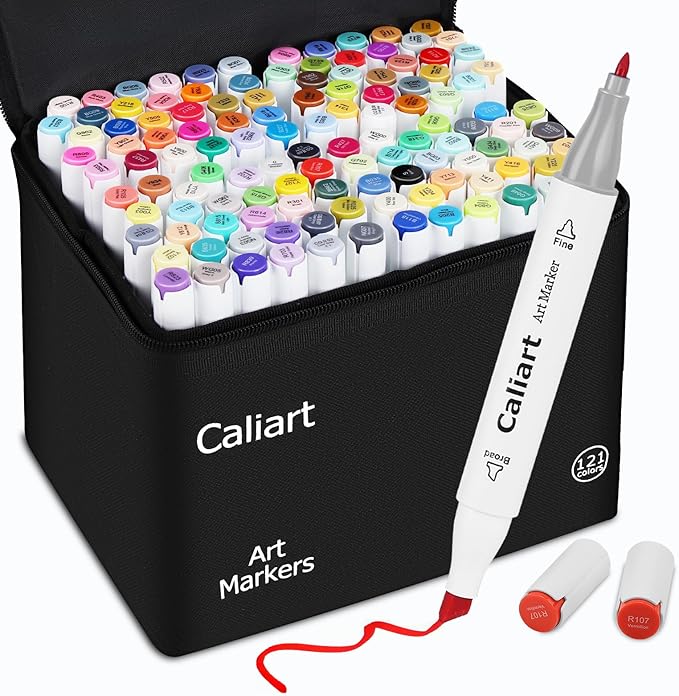 Caliart 121 Colors Alcohol Based Markers, Dual Tip Art Marker Set Chisel & Fine, Permanent Colored Pens for Adults Coloring Book Artists Sketch Illustration Drawing Supplies Gifts