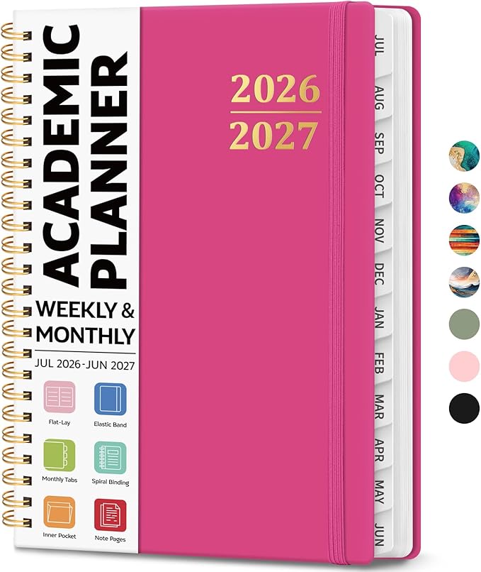 Academic Planner 2026-2027, Weekly and Monthly Calendar Planner Book, July 2026 – June 2027, Hardcover Organizer with Tabs, Perfect for Teachers, Students, Women & Men, A5 (6.4" x 8.5") - Hot Pink