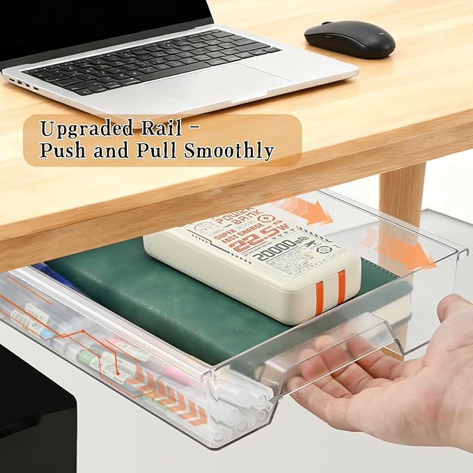 2 Pack Under Desk Drawer Organizer, Self Adhesive Hidden Drawer Storage, Slide Out Desk Organizer, Space Saving Pencil & Accessories Organizer, Under Table Storage for Home Office & School, Clear