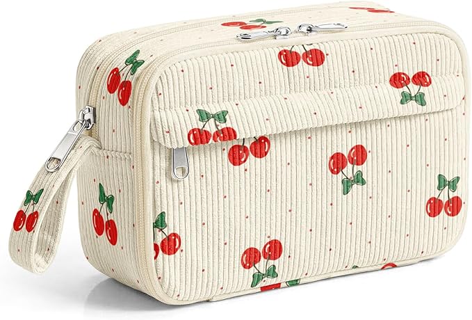 WOBAGMEN Cute Pencil Case,Large Corduroy Zippered Pencil Case Pouch, Aesthetic Pencil Bag with Compartments, Pencil Pouch School Supplies (Cherry Polka Dots)