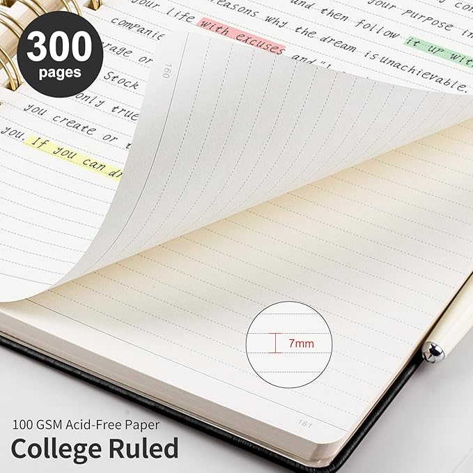 EMSHOI B5 College Ruled Spiral Notebook, Thick 300 Numbered Pages, 100GSM Ink-Proof PU Leather Hardcover Lay-Flat Lined Journal for Work Office School Writing, 7.48"x10.15", Black