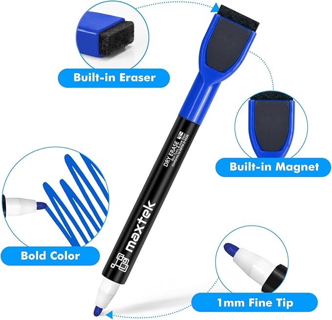 maxtek Magnetic Whiteboard Markers - 12 Count Blue Fine Tip Dry Erase Markers with Eraser for Kids, Low Odor Thin Markers for Calendar Boards