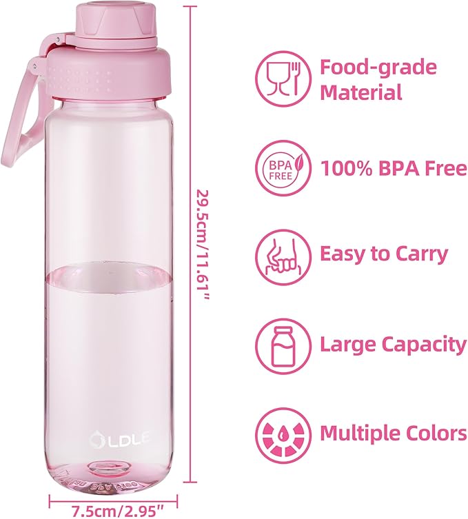 OLDLEY 32 oz Water Bottle, Sports Tritan Water Bottle with Carry Handle and Spout Lid, Leakproof & BPA Free Large Water Bottles for Home,Travel, School, Outdoors, Gym,Pink