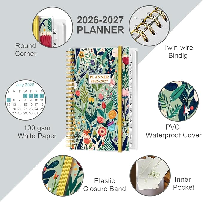 2026-2027 Pocket Planner/Calendar - 2026-2027 Planner from July 2026 - July 2027, Planner 26-27 with 12 Tabs, Twin-Wire Binding, Inner Pocket, 3.75" x 6.75", Flower-C
