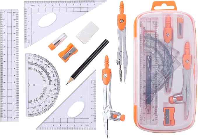 Unjoo Math Geometry Kit Sets 10 Piece Student Supplies with Shatterproof Storage Box,Includes Rulers,Protractor,Compass,Eraser,Pencil Sharpener,Lead Refills,Pencil,for Drafting and Drawings（Orange）