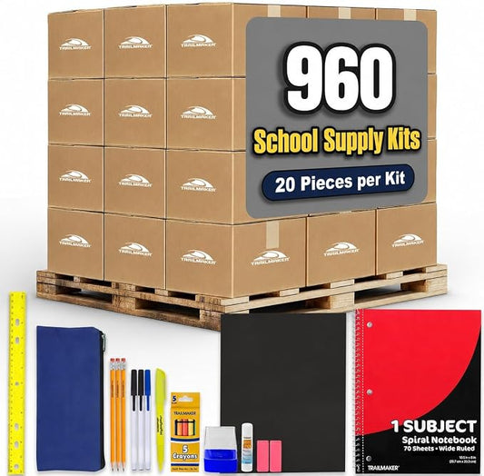 Trailmaker 960 Pack Bulk School Supply Kits | 20 Piece Classroom Supply Sets for Elementary & Middle School | Notebooks, Pencils, Crayons & Essentials | For school drives, classrooms, nonprofits & student donations