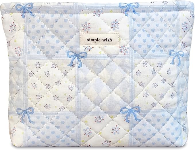 STARDW Cute Cotton Quilted Makeup Bag, Travel Cosmetic Pouch for Women | Soft Cosmetic Bag for Skincare, Brushes & Toiletries, Floral Travel Toiletry Bag, Purse Organizer Pouches, Canvas Lining