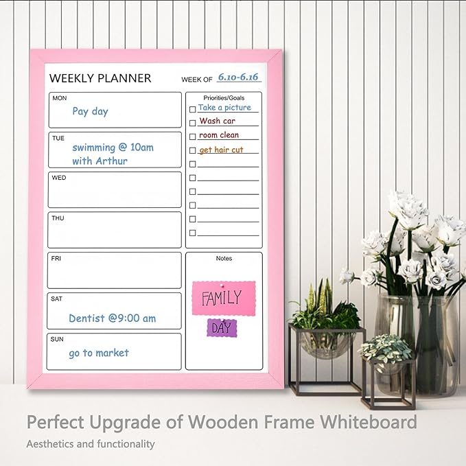 Dry Erase White Board Weekly Calendar Board, Magnetic Whiteboard for Wall,17.7“x23.6 Solid Wood Pink Framed Message Board, Planner Board for Office, Home, School（Weekly-BB-PK-4560）