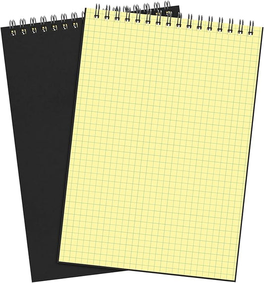 Engrowtic 2 Pack Graph Paper Spiral Notepad A5 Top Wirebound Notepad Grid Notebook Steno Pads Memo Notebook Grid Paper 140 Pages for Writing Sketching Drawing Office Supplies(Black (internal Yellow))