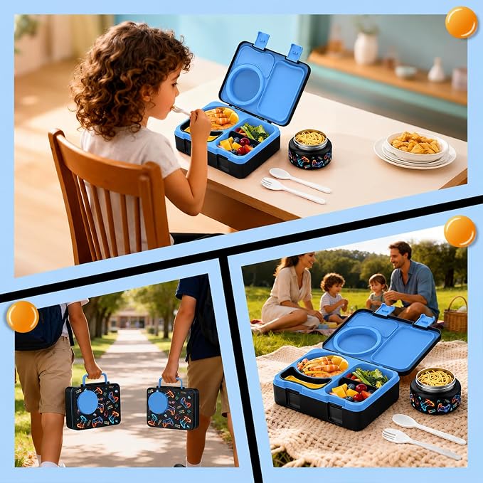 Kids Insulated Lunch Box with 8OZ Thermo Food Jar | Leakproof Bento Box with Ice Pack Sauce Cup Utensils Removable Tray & Dividers for School Daycare Travel, Game Controllers