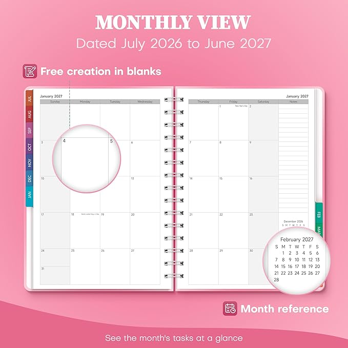 Planner 2026-2027 Monthly and Weekly Academic Planner July 2026 - June 2027, Hardcover Calendar 2026-2027 Agenda Daily Planner for Student Teacher School Office Supplies, 6" x 8.3", Pink Ombre