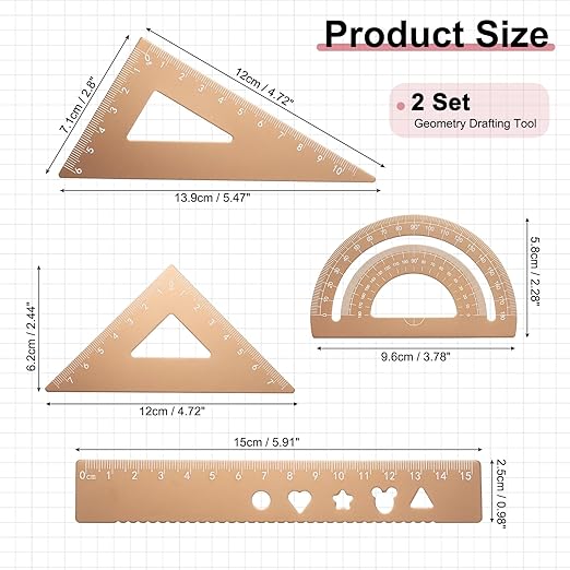 PATIKIL 8 Pcs Geometry Drafting Tool, Aluminum Alloy Geometry Kit Math Tool Includes 15cm L Ruler Protractor Triangles for Drafting Angle Measure Simple Science Experiment, Gold