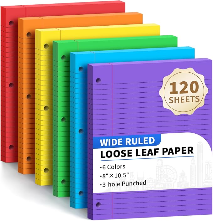 120Sheets Rainbow Loose Leaf Binder Paper,8' x 10.5' Wide Ruled Lined Paper