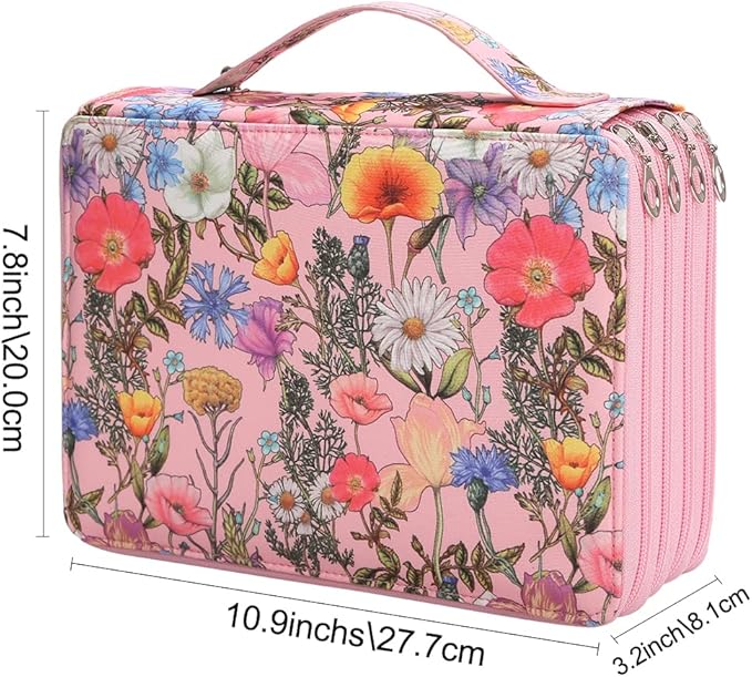 Vomgomfom 200 Slots Pencil Bag, 4-Layer Zipper Portable Art Supply Organizer, PU Leather Large Capacity Colored Pencil Case with Handle for 200 Watercolor Pens, Gel Pens (Pink Flower)