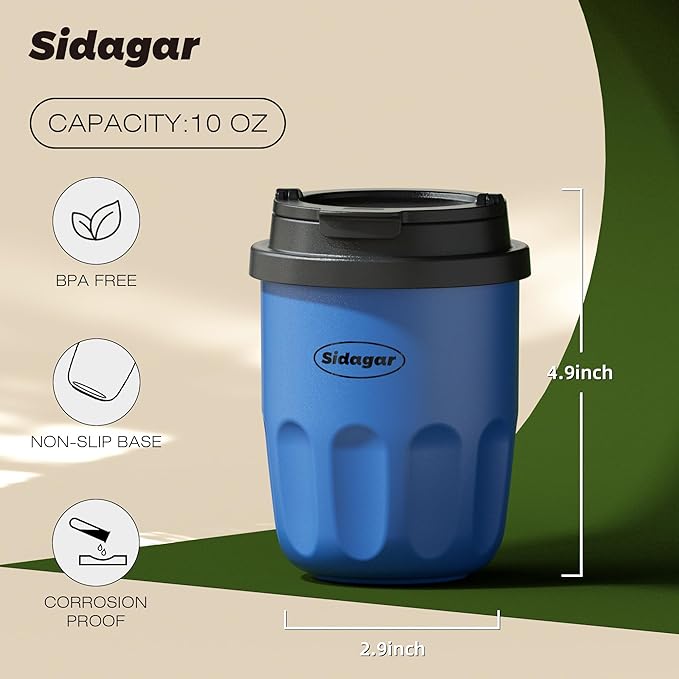 Travel Coffee Mug 10 oz Ceramic Lined Tumbler, Double Wall Stainless Steel Coffee Cup with Lid, Vacuum Spill Proof Mini Water Bottle, Insulated Thermal Mug for Home Office, Blue