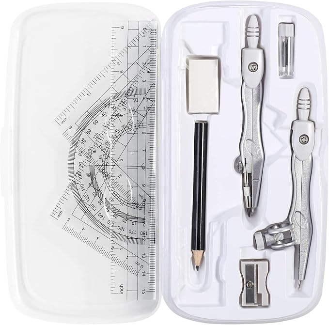 Vobou Math Geometry Kit Sets 10 Piece Student Supplies with Shatterproof Storage Box,Includes Rulers,Protractor,Compass,Eraser,Pencil Sharpener,Lead Refills,Pencil,for Drafting（White）