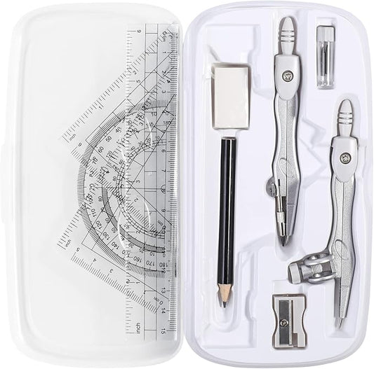 Vobou Math Geometry Kit Sets 10 Piece Student Supplies with Shatterproof Storage Box,Includes Rulers,Protractor,Compass,Eraser,Pencil Sharpener,Lead Refills,Pencil,for Drafting（White）