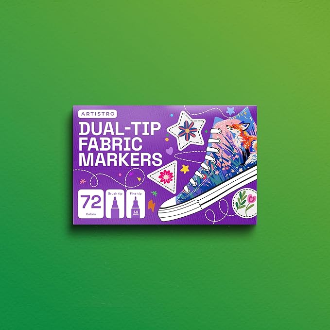 ARTISTRO 72 Dual-Tip Fabric Markers - Fabric Decorating Kit - Permanent for Clothes - Acrylic Paint Pens for Sneakers, Bags, Shoes, Textile, Canvas, Sewing, Craft, DIY - Brush and Fine Tip