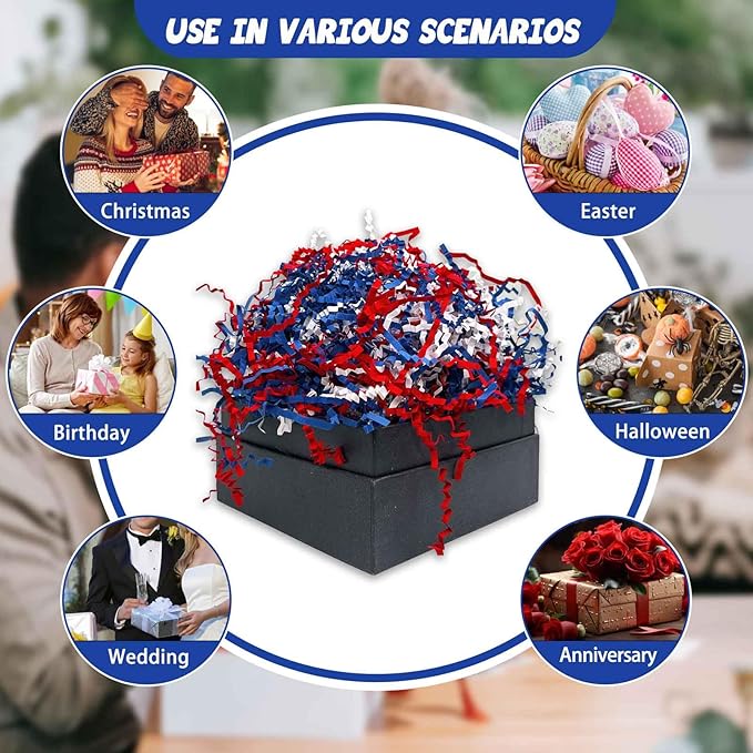 3LB Red Blue White Crinkle Cut Paper Shred Filler, Paper Shreds for Basket Fillers, Birthday, Gift Wrapping, Anniversary, Wedding, Independence Day, 4 of July, Christmas Gift Decor Party Filler