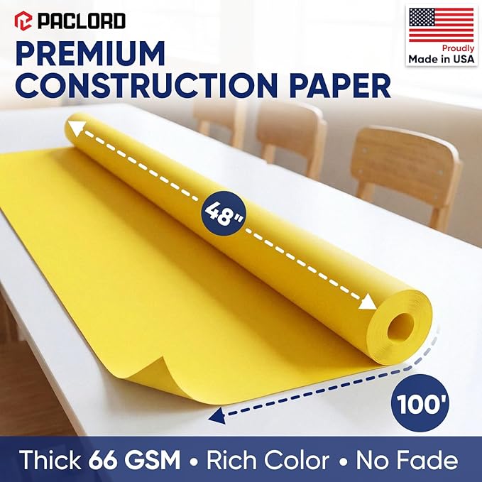 Yellow Construction Paper Roll 48" x 100 ft – Made in USA – 48" Bulletin Board Paper for Classroom & School, Teachers & Kids