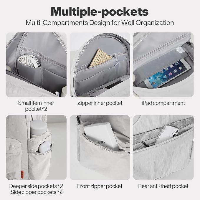 mixi 15 Inch Casual Travel Daypack, Lightweight Laptop Backpack, Light Gray | Ultra Light Backpack, Fits 14in Laptop, Water/Oil/Stain Resistant, Anti-Theft Pocket&Luggage Strap for College Work Hiking