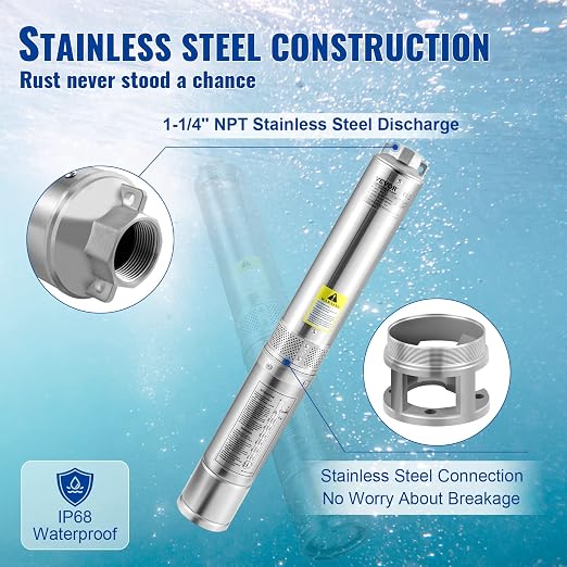 VEVOR Deep Well Submersible Pump, 1HP 115V/60Hz, 37gpm Flow 207ft Head, with 33ft Electric Cord, 4" Stainless Steel Water Pump for Industrial, Irrigation&Home Use, IP68 Waterproof Grade | for Industrial Irrigation & Home Use, 4" Stainless Steel Water P...