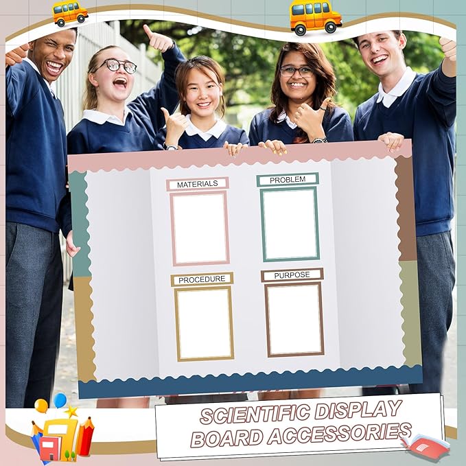 Fuyoooo 90 Pcs Science Fair Board Supplies 60 Trim Scalloped Bulletin Board Borders 24 Presentation Board Subtitles 6 Science Fair Titles for Classroom Display Boards(Boho)