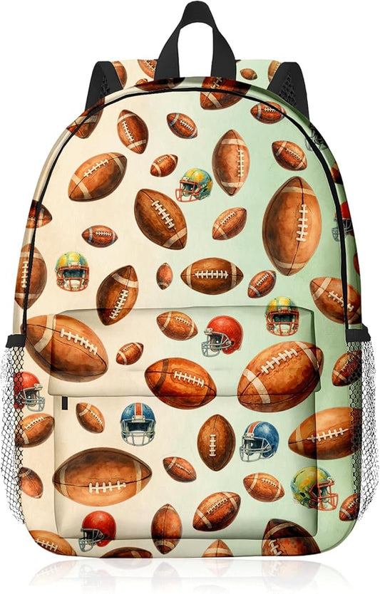 Football Backpack for Kids & Youth, 16 Inch Tennis-Themed School Bookbag, Lightweight Polyester Daypack with Front Zip Pocket, Side Bottle Pocket, Padded Adjustable Straps, Unisex