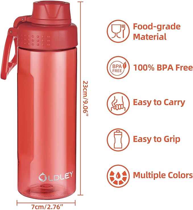 OLDLEY Water Bottles 20oz BPA Free Tritan Water Bottle with Carry Handle and Spout Lid, Leakproof Kids Water Bottle for Home,Travel, School, Outdoors,Red