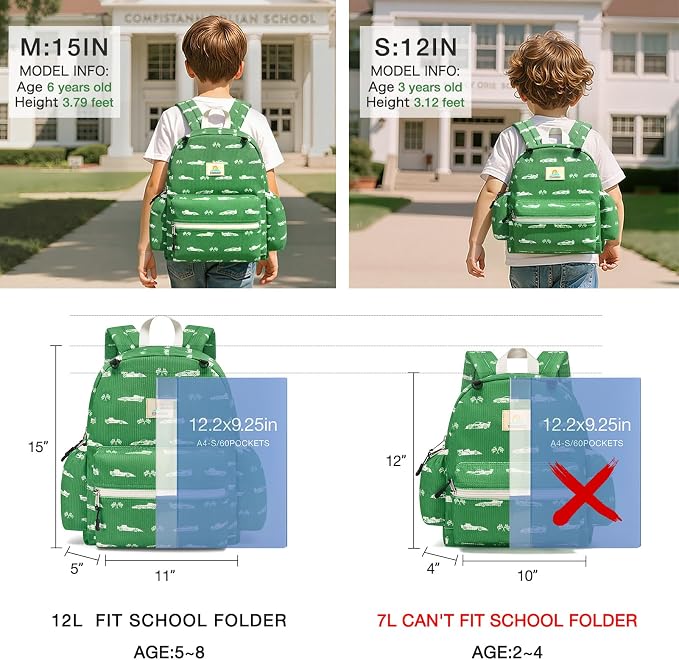 STEAMEDBUN Corduroy Toddler Backpack for Girls 2-4: Kids backpack for Boys Girls - 12 inch Preschool Kindergarten Backpacks - Green Racing