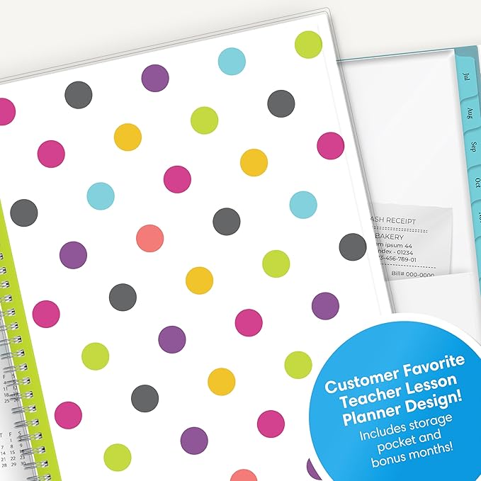 Blue Sky 2025-2026 Weekly and Monthly Academic Year Teacher Lesson Planner Calendar, July 2025 - June 2026, 8.5" x 11", Flexible Cover, Wirebound, Laminated Tabs, Storage Pocket, Dots
