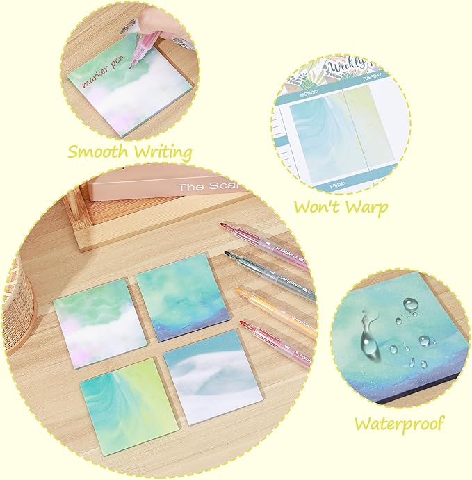 BAYTORY 200 Sheets Transparent Sticky Notes, 6Pcs Double-Ended Colored Marker Pen, 3 x 3 Glitter Clear Sticky Notes, Waterproof Self-Stick Note, Easy to Post for Note Taking (Morandi)