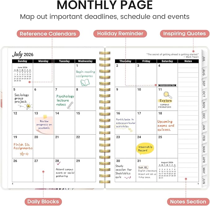 Planner 2026-2027, Academic Monthly and Weekly Calendar Planner for Women, July 2026 - June 2027, Hardcover Pretty Agenda Planner Book with Tabs, Spiral Daily Organizer for School Office Home Supplies, 6.3" x 8.5" - Painted Bloom