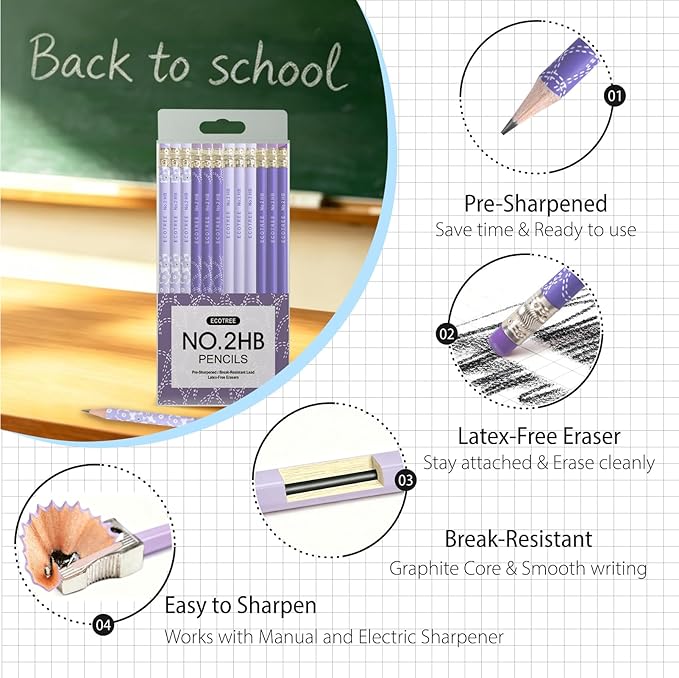 ECOTREE Pencils #2 Pre-Sharpened Pencils for Kids Number 2 Pencil with Erasers for School, Writing, 12 Count