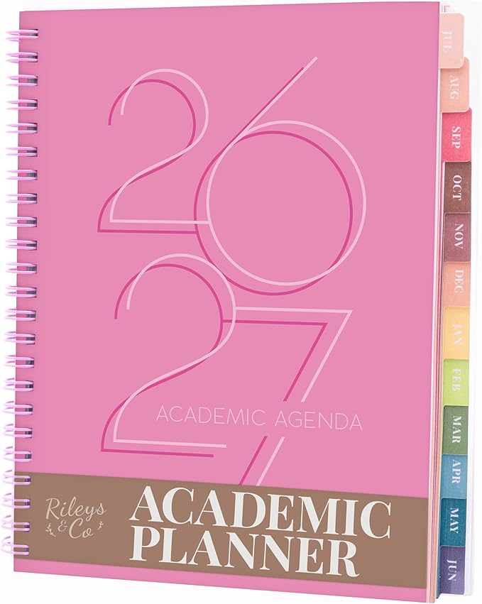 Rileys Academic Planner 2026-2027, Daily, Weekly & Monthly Planner, July 2026 - June 2027, Student Notes Pages, Twin-Wire Binding, Weekly Agenda for School & Work (8 x 6-Inches, Deco, Pink)