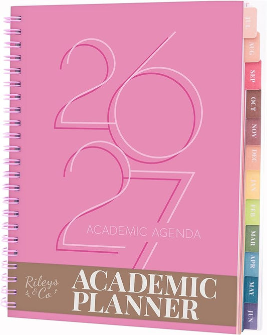 Rileys Academic Planner 2026-2027, Daily, Weekly & Monthly Planner, July 2026 - June 2027, Student Notes Pages, Twin-Wire Binding, Weekly Agenda for School & Work (8 x 6-Inches, Deco, Pink)