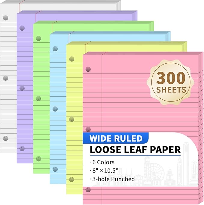 300 Sheets Loose Leaf Binder Paper, 6-Color Wide Ruled Lined Paper, 8” x 10.5”, 3-Hole Punched Notebook Paper Writing Paper for School Office