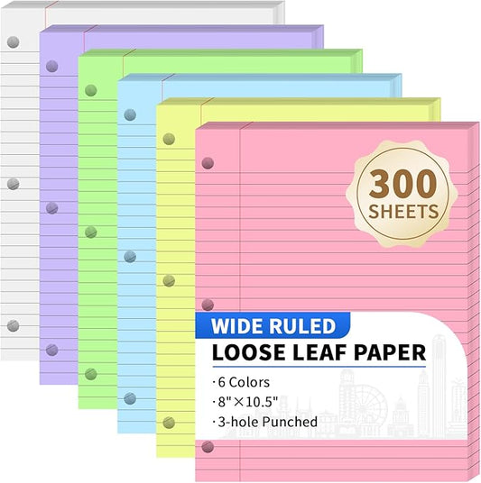 300 Sheets Loose Leaf Binder Paper, 6-Color Wide Ruled Lined Paper, 8” x 10.5”, 3-Hole Punched Notebook Paper Writing Paper for School Office