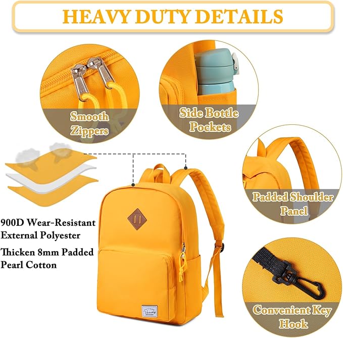 VASCHY School Backpack, Ultra Lightweight Backpack for Women Bookbag for Kids Teen Boys Girls Yellow