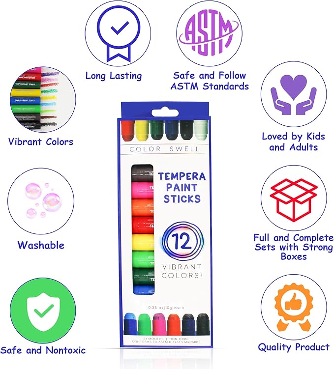 Color Swell Bulk Paint Sticks 144 Count - 12 Packs with 12 Colors Each - Perfect for Kids, Classrooms, Parties, Students, Donations, Party Favors - Bulk Paint Sticks