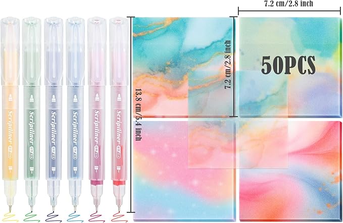BAYTORY 200 Sheets Transparent Sticky Notes, 6Pcs Double-Ended Colored Marker Pen, 3 x 3 Glitter Clear Sticky Notes, Waterproof Self-Stick Note, Easy to Post for Note Taking (Colorful)